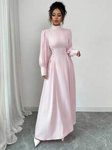 Elenzga Váy midi cổ cao tối giản thanh lịch dành cho nữ, phù hợp mặc đi làm, đi nghỉ, đi biển, trà chiều, tiệc tùng, cổ điển, giáo viên, màu trơn, màu tương phản, trang trí ngọc trai, thắt eo bên hông, tay áo loe hình lồng đèn, dáng chữ A, xuân/thu/đông - Hồng - Xem 5