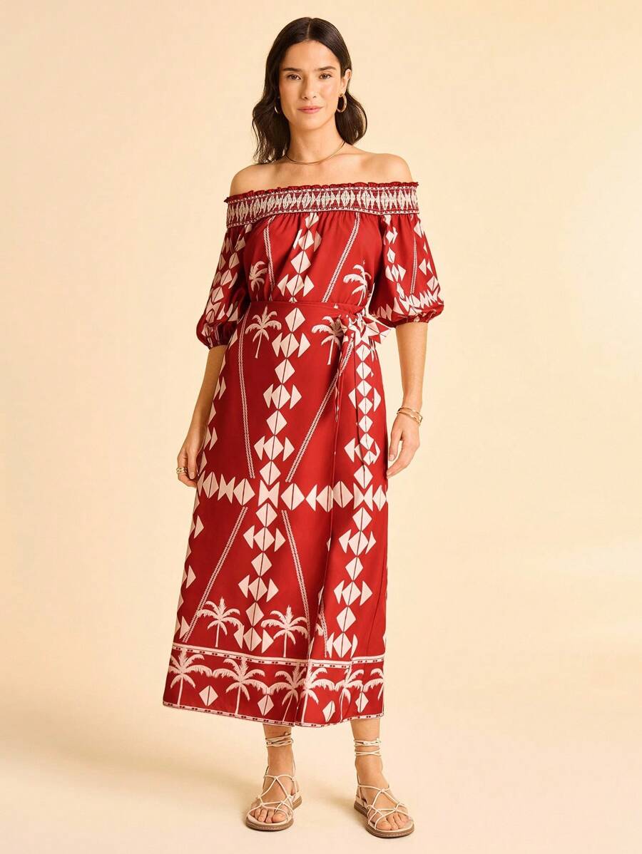 CAJUNI Blus Wanita Modis dengan Motif Geometris, Model Bahu Terbuka, dan Lengan Lentera - Merah - View 1