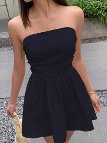 INAWLY Women's Solid Color Twist Back Ruffle Hem Bandeau Mini Dress - Navy Blue - View 4