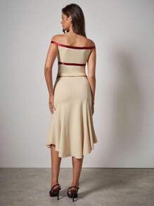 COSMINA Bộ 2 món áo trễ vai đính nơ và chân váy midi viền bất đối xứng thời trang dành cho nữ - Màu be - Xem 6