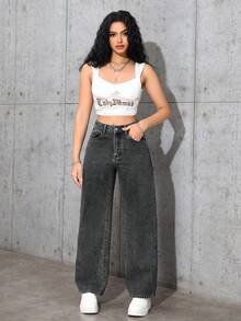 SHEIN ICON Casual Washed Straight-Leg Jeans - Dark Grey - View 5