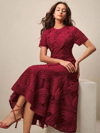 Anewsta Beach Vacation & Valentine's Day Floral Print Ruffle Hem Round Neck Patchwork Mini Dress