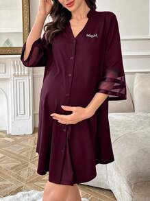 Chiffon Patchwork 3/4 Sleeve Loose V-Neck Cardigan Maternity Loungewear Dress