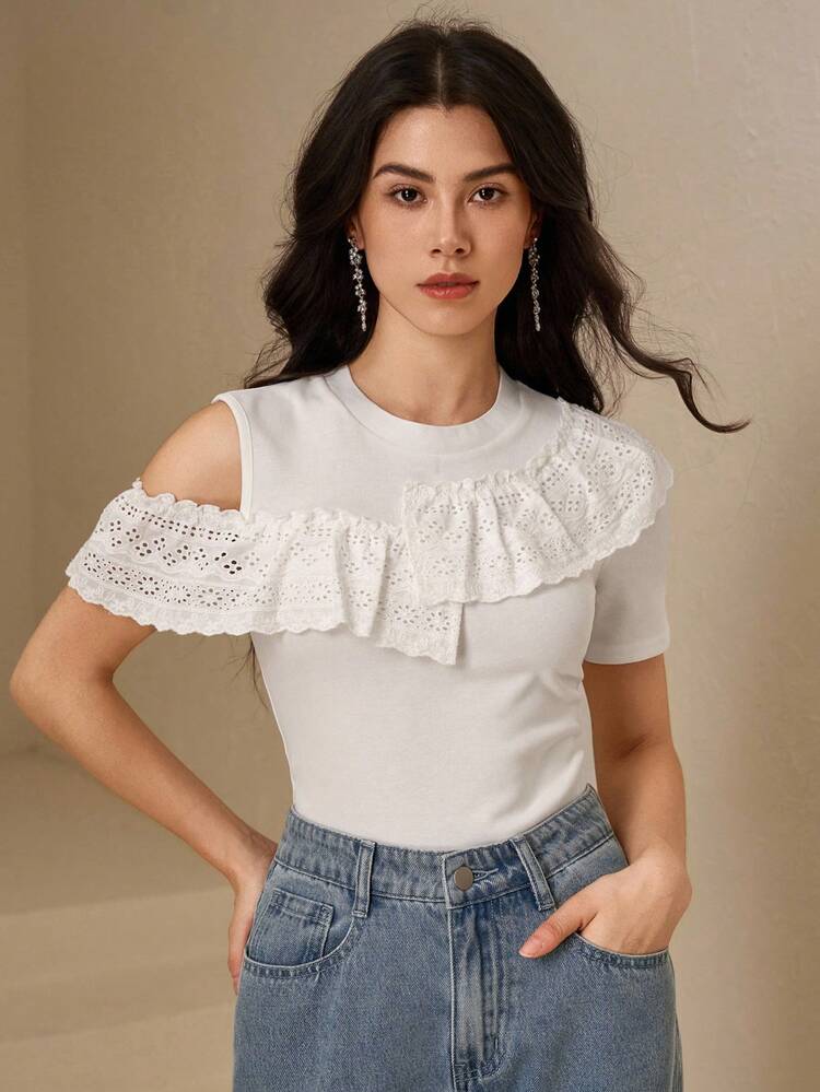 Women's T-Shirt With Fabric Patchwork, Ruffle Hem, Round Neck And Asymmetric Off-Shoulder Design