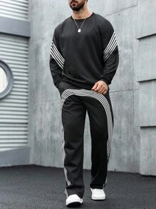 Manfinity LEGND 男士黑色条纹图案美式时尚圆领卫衣和运动裤套装，休闲街头风日常通勤运动服套装，男士两件套运动裤，男士慢跑服，男士两件套运动裤，男士街头风套装，秋季服装 - 黑色 - 查看 1