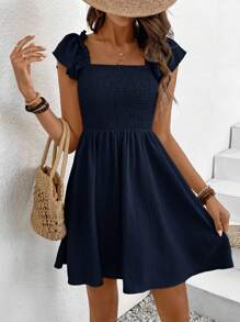 SHEIN Frenchy Women's Solid Color Boat Neck Cap Sleeve Short Vacation Dress,Casual Dresses For Women