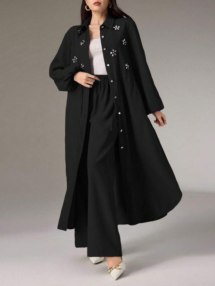 Modelyn 2件套优雅通勤水钻装饰长衬衫和裤子套装 - 黑色 - 查看 1