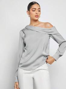 BizChic 春夏新款不对称设计褶皱肩部宽松长袖缎面衬衫，现代优雅都市通勤日常浪漫90年代复古风圣诞节新年情人节派对海滩毕业时尚嘉年华假日百搭简约浪漫风，适合婚礼宾客、主人、约会、派对、音乐会、早午餐、机场等多种场合。 - 灰色 - 查看 4