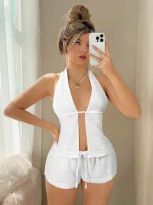 Sweetina 2件套女士性感露背露肩短款上衣和短裤套装