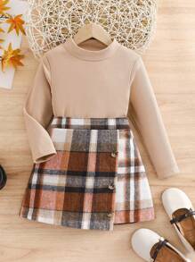 2pcs Young Girls Elegant Solid Ribbed Crew Neck Top & Plaid Asymmetrical Hem Skirt Set Plaid Skirt Set Fall Outfit Beige Top And Plaid Skirt Set Two Pieces Skirt Set Young Girl Autumn Girls Clothes Girls Fall Clothes Young Girl Plaid Skirt Outfit Fall Outfits For Young Girl Fall Clothes Girls Beige Top Plaid Skirt Set Two Pieces Skirt Set For Girls - Khaki - View 3