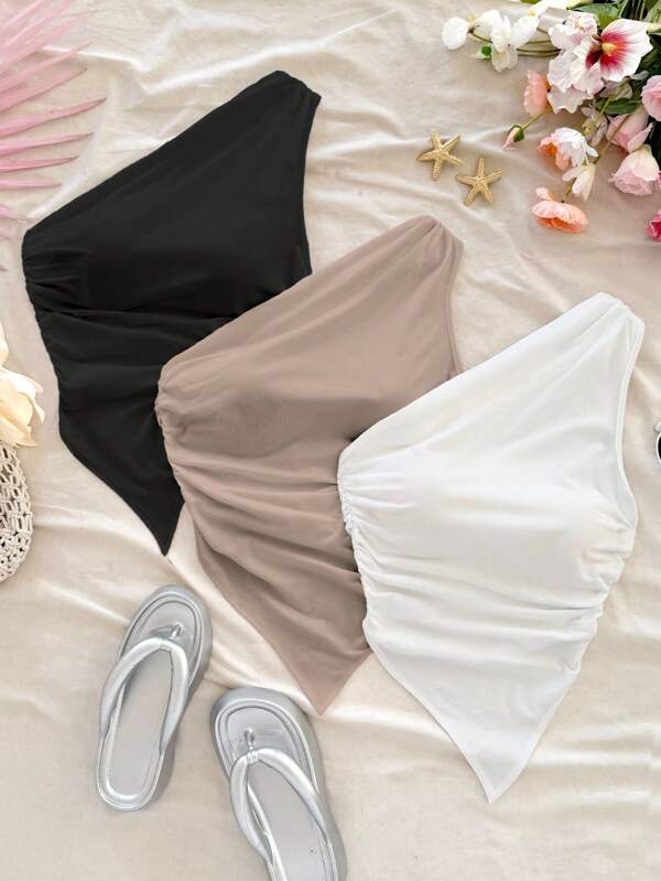 Dreamara 3 pièces Ensemble blouse asymétrique à épaule décontractée de couleur unie pour femmes grandes tailles