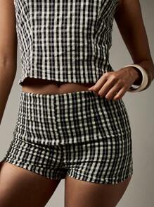 MISSGUIDED 无袖格子两件套夏季短款上衣高腰短裤休闲节日海滩装现代时尚设计野餐早午餐度假村 - 黑色 - 查看 3