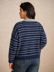 Elaquor Plus Size Women's Drop Shoulder Long Sleeve Striped Blue Polo Sweater In Fall/Winter - Blue - View 2