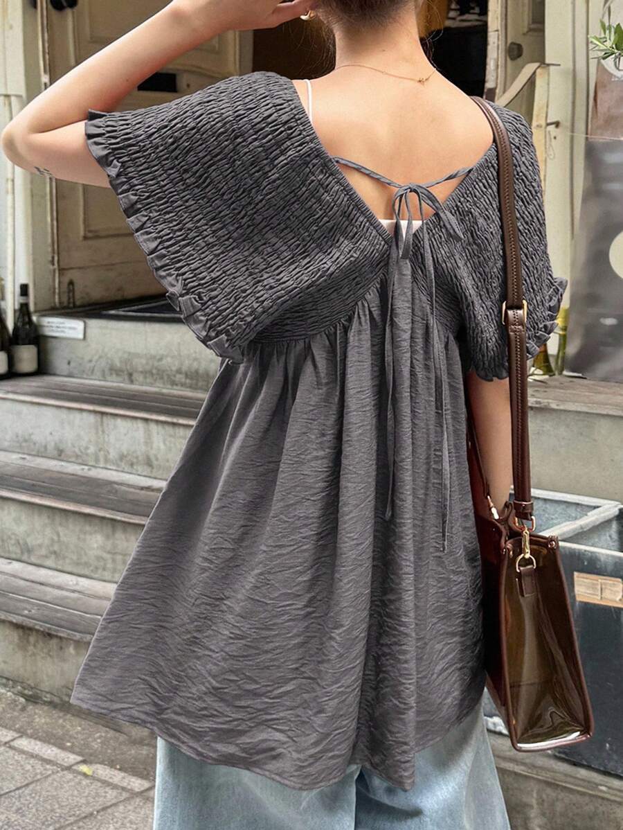 FRIFUL Áo sơ mi nữ dài vừa, xếp ly, dây rút, thường ngày, đa năng, mặc đi biển, ngày lễ - Xám - Xem 1