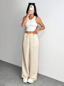 SHEIN PETITE Women's Beige Casual Basic Wide Leg Pants ,Petite Women - Beige - View 7