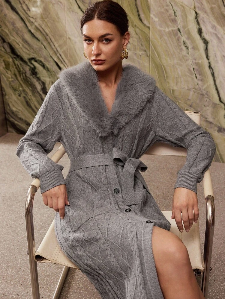 CONTRAST FAUX FUR BELTED CARDIGAN