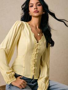 Poéselle Blouses jaunes, Blouse à boutons avec garniture en dentelle - Chemise vintage jaune pâle à manches bouffantes, Blouse décontractée à manches longues de couleur unie pour femmes, Blouse jaune col V avec garniture en dentelle, Vêtements d'automne pour femmes