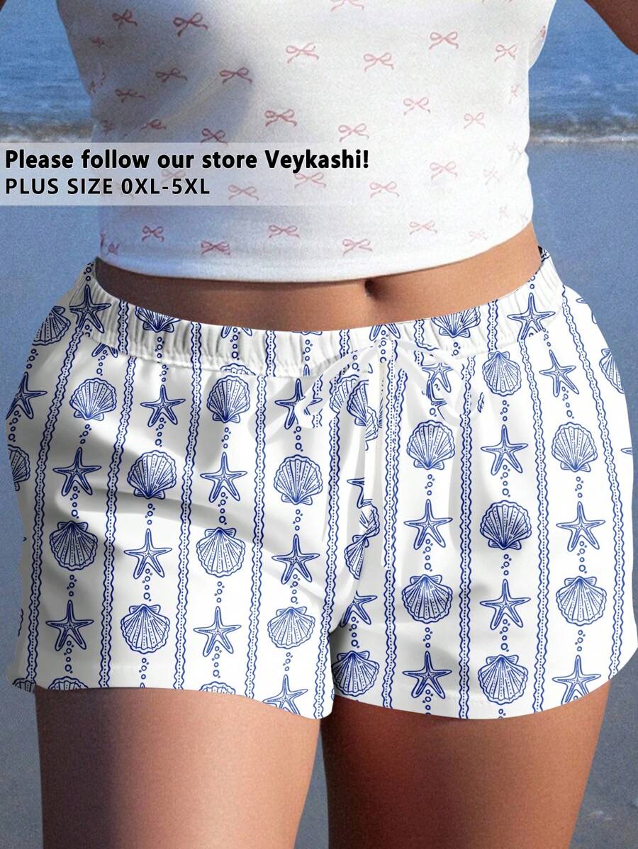 Veykashi 大码休闲贝壳印花短裤，适合夏季 - 彩色 - 查看 1