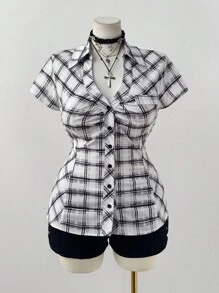 Sunspun Áo sơ mi kẻ caro tay ngắn, thắt eo cỡ lớn thường ngày - Nhiều màu - Xem 2