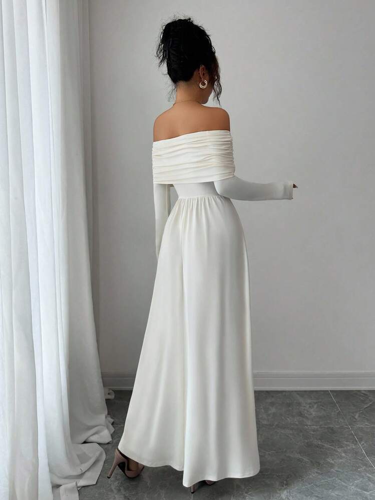 Elenzga Women's Elegant Solid Color Off Shoulder Long Dress - Apricot - View 2