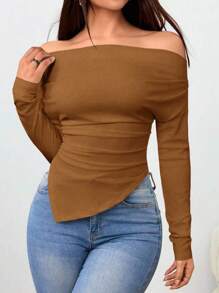 SHEIN Foxxy Áo thun trễ vai nhún vai và viền bất đối xứng, vải thu cho nữ - Màu nâu  Mocha - Xem 6