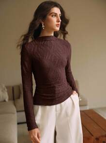 Anewsta Camiseta plisada casual y elegante de cuello redondo para mujer, color marrón - Óxido marrón - Ver 6