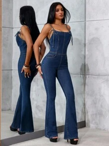 SHEIN Tall 高个女式纯色细肩带紧身系带水洗牛仔连体裤，Y2K 风格蓝色牛仔紧身连体裤 - 深色水洗藍 - 查看 4