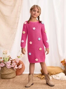 Blossori Young Girls' French Elegant 3D Floral Crew Neck Long Sleeve Knit Dress Girls Sweater Dress Girl Long Sleeve Dress Kids Pink Dress Girls Floral Dress,In Fall/Winter