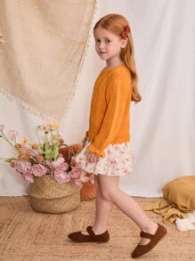 Blossori Young Girls' French Elegant Twist Floral Puff Sleeve Pullover Sweater Girls Orange Sweater Kids Knit Sweater Cable Knit Sweater Girls Girls Fall Sweater Toddler Girl Sweater Winter - Orange - View 3