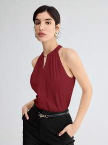 BizChic 女士优雅立领镂空无袖背心，百搭款式，适合浪漫、优雅、商务休闲、办公、教师、婚礼宾客、秋季等场合。 - 酒紅色 - 查看 6