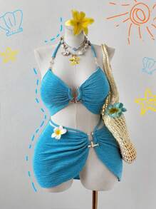 Flirla 女士加大码细肩带金属扣短款上衣和纹理短裙两件套