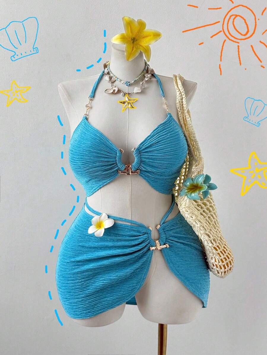 Flirla 女士加大码细肩带金属扣短款上衣和纹理短裙两件套