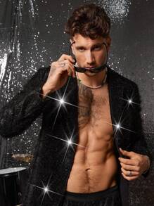 FeverCity Summer Men's Personalized Cut-Out Shiny Long Sleeve Suit Jacket And Pants Set, Party Occasion - Black - View 3