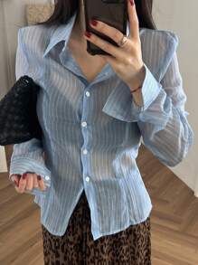 DAZY 女士时尚条纹半透明长袖上衣 - 藍色 - 查看 3