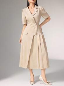 Heiryn 褶皱不对称韩式办公室通勤优雅连衣裙，短袖