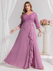 Coutiva Vestido formal largo asimétrico de encaje con cuello en V, parches y lentejuelas, de manga 3/4