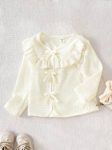 Girls' Pink Knitted Cardigan With Bow, Long Sleeve - Pink - View 1