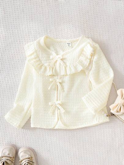 Girls' Pink Knitted Cardigan With Bow, Long Sleeve
