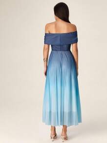 Modelyn French Style Off Shoulder Ruched Waist Slim Fit Pleated Dress For Women - Blue - View 2