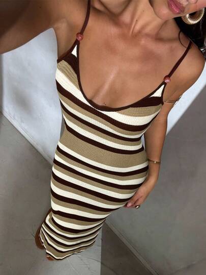 Aloruh Women's Spring/Summer New Knitted Dress, Crochet Dress With Criss-Cross Halter Neck And Open Back, Striped Bohemian Maxi Dress, Vacation Dress, Elegant Dress For Women