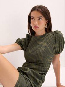 Nöista Nöista Mini Dress With Textured Swirl Pattern, Puff Sleeves, And A Bodycon Ruched Silhouette. Perfect For Making A Statement At Parties, Nights Out, Or Any Special Occasion.