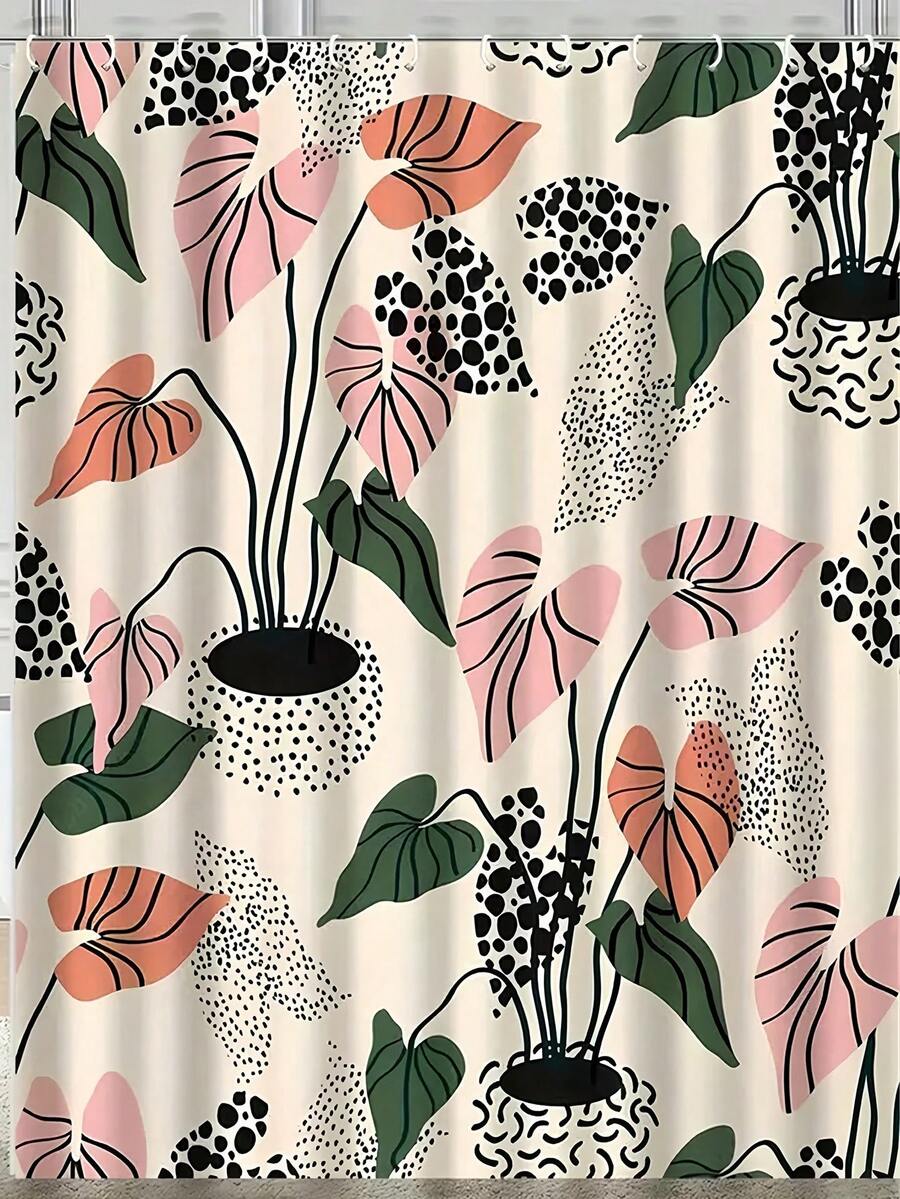 SHEIN 防水涤纶浴帘，抽象植物印花，含 12 个挂钩，顶部带索环，可机洗，编织面料，花卉和圆点图案设计，适合标准浴缸 - 彩色 - 查看 1