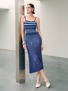 Elenzga Women's Casual Everyday Contrast Stripe Pattern Sleeveless Knit Dress, Summer Knitted Sweater - Blue - View 4