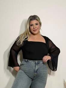 magalhaesca Body Con Mangas Acampanadas Y Busto Fruncido Con Cuello Cuadrado De Talla Grande - Negro - Ver 6