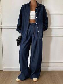 DAZY 女式宽松翻领长袖牛仔衬衫和宽松休闲裤两件套，休闲男女通用牛仔装 - 深色水洗藍 - 查看 4