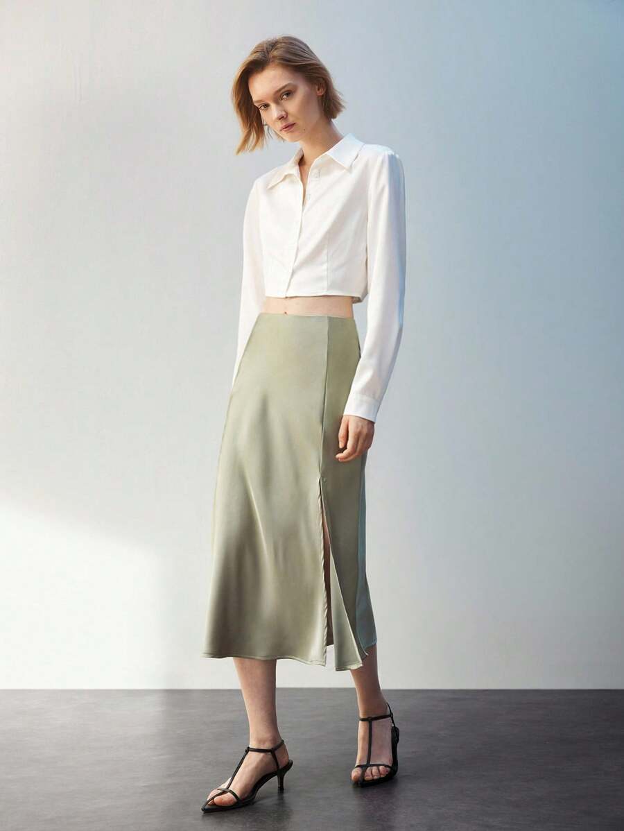 Maija Ladies' Solid Color Split Hem Casual Skirt - Green - View 1