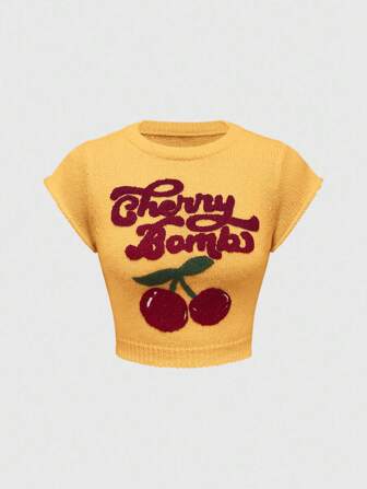 Kawaii Cute & Innocent Collegiate Style Cherry Embroidered High Neck Lantern Sleeve Women Sweater