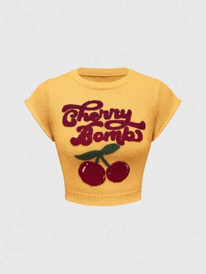 ROMWE Kawaii Cute & Innocent Collegiate Style Cherry Embroidered High Neck Lantern Sleeve Women Sweater