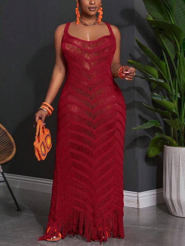 Slaydiva 秋冬大码夏季无袖镂空透视连衣裙