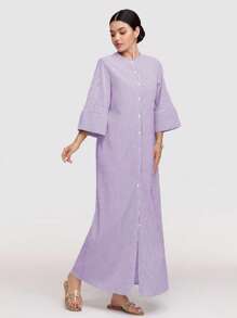 Veilorie 女式条纹纽扣前长休闲连衣裙，春秋季节，端庄的长裙，非常适合海滩/休闲/度假/家居服/返校和日常休闲穿着 - 紫色 - 查看 3